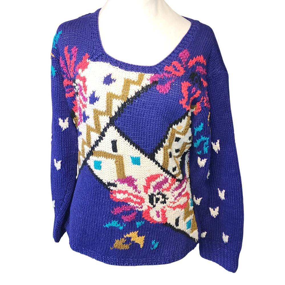 Vintage Hand Knitted Blue Floral Geometric Sweater Size L By Jennifer Reed